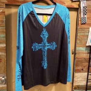 Black Cross top with turquoise, long sleeve with design on sleeve